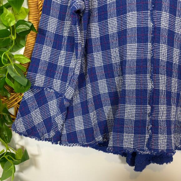 Lagenlook Blue Plaid Frayed Edge Button Top L Habitat Cotton Shirt | Soft Summer - Picture 11 of 13